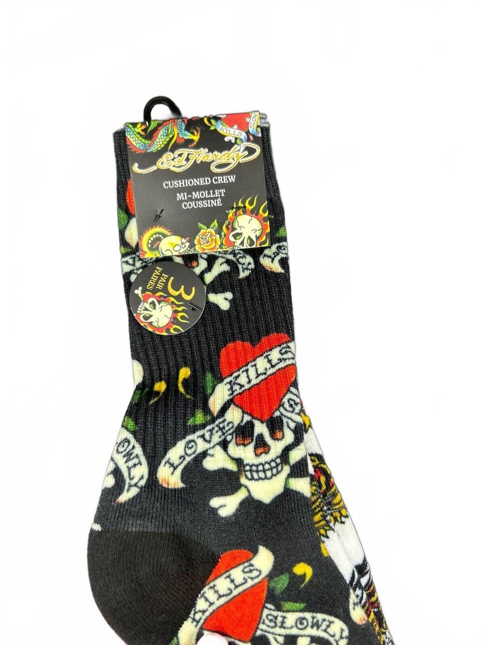 Ed Hardy Cushioned Crew Socks 3 pack with Skull and Heart Design Mens 6-12